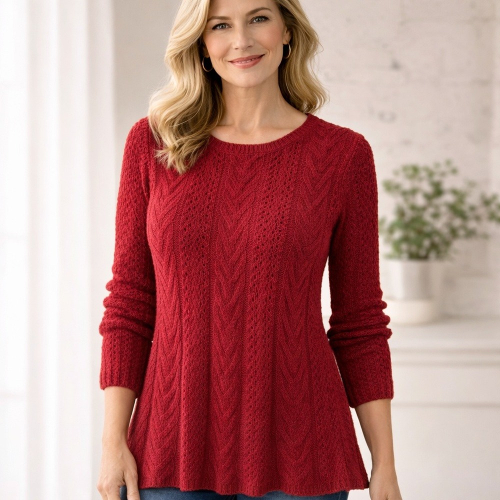 J. Jill Red Chenille Cable Knit Pointelle Sweater Womens Small Crew Neck